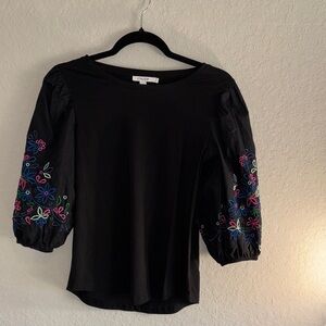 Chico's Black Top with Colorful Embroidered Sleeves